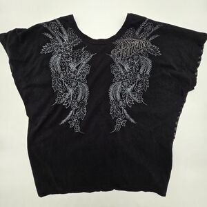 Affliction Black Embroidered Floral Top